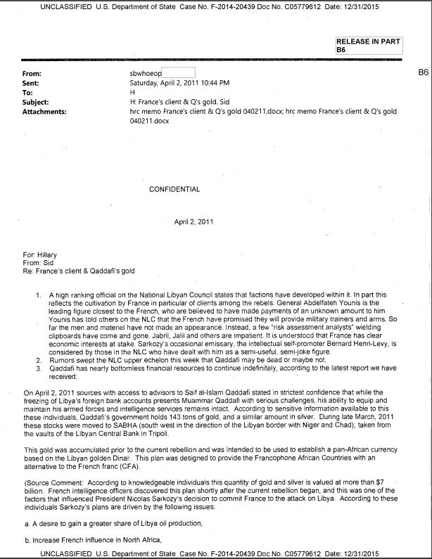 For: Hillary From: Sid Re: France's client & Qaddafi's gold